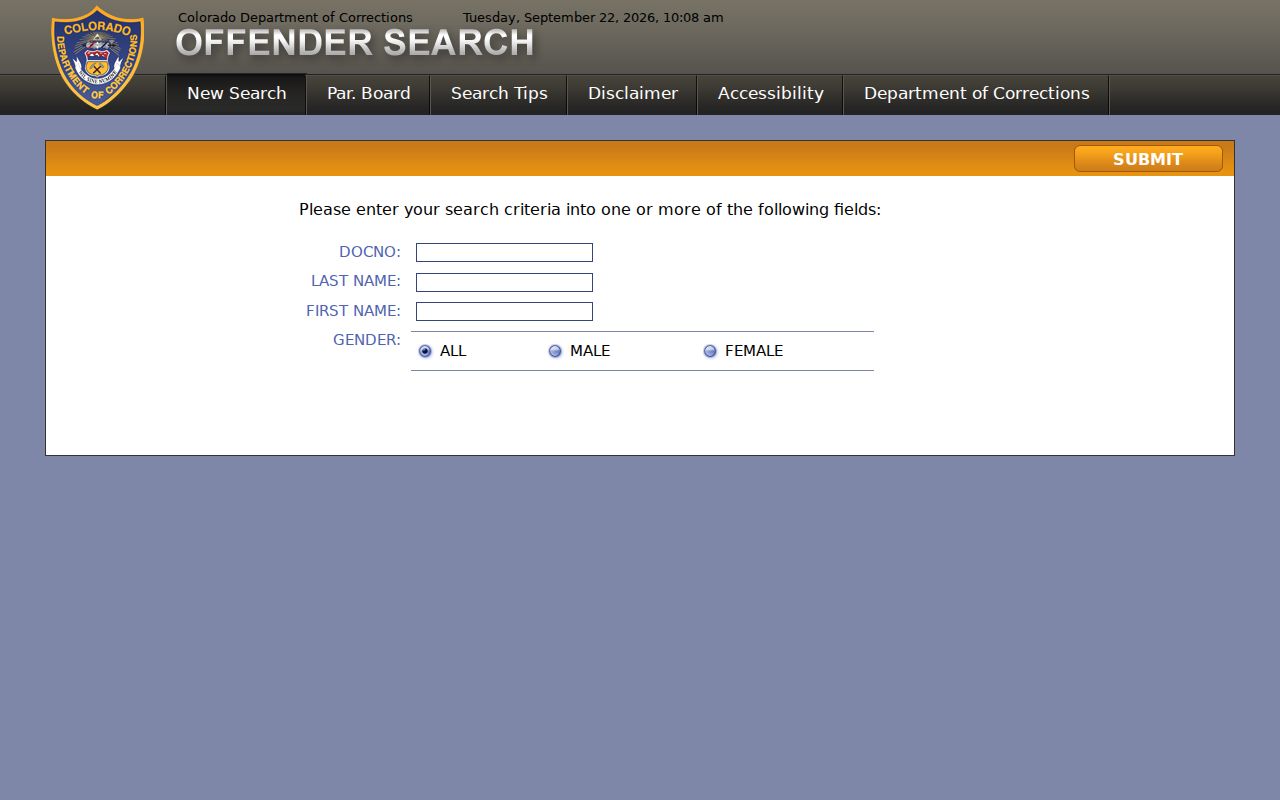 Colorado residents directory reference showing DOC number and name fields on the state custody search
