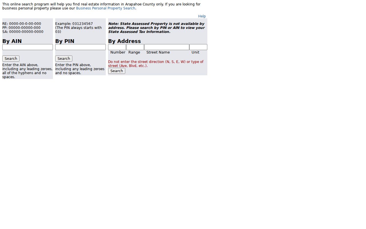 Colorado street directory Arapahoe assessor search tabs for AIN PIN and address range