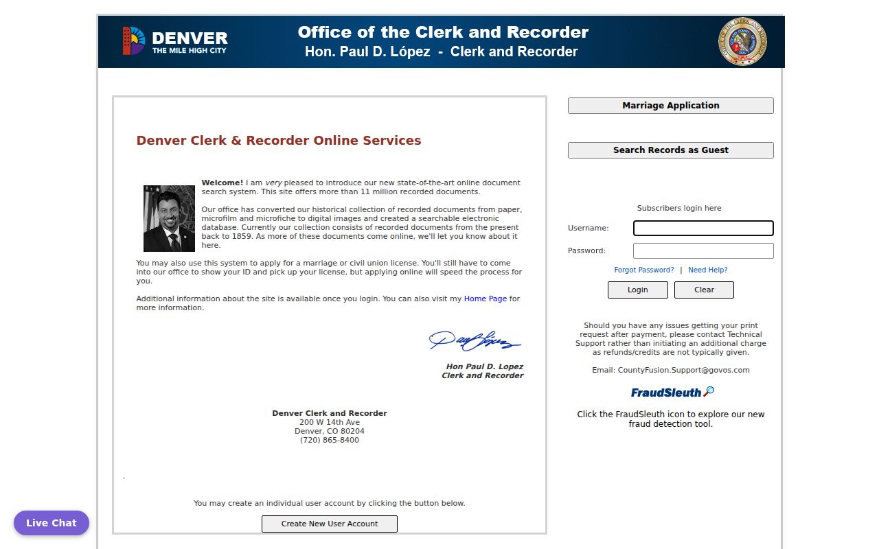 Colorado street directory Denver recorded document index login and search screen