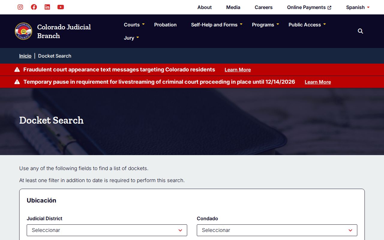 Colorado resident lookup court docket search fields