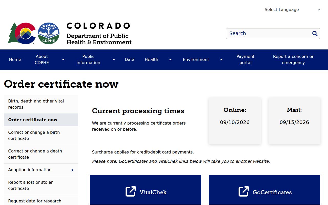 Colorado resident lookup vital records order page